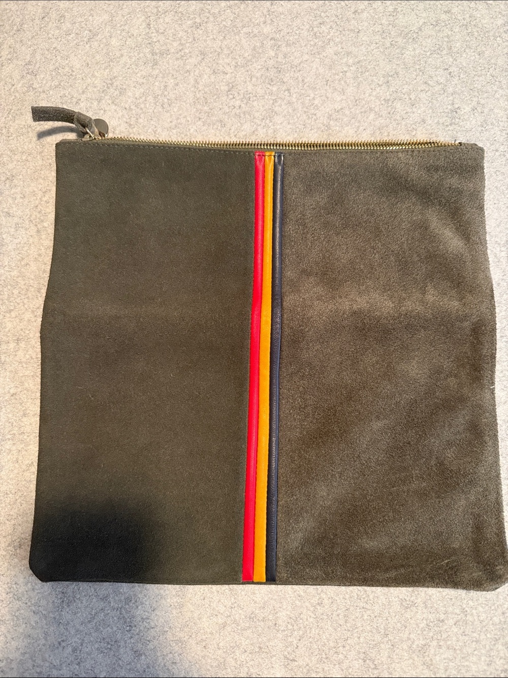Clare V Olive Suede Clutch with Red, Yellow & Navy Stripes